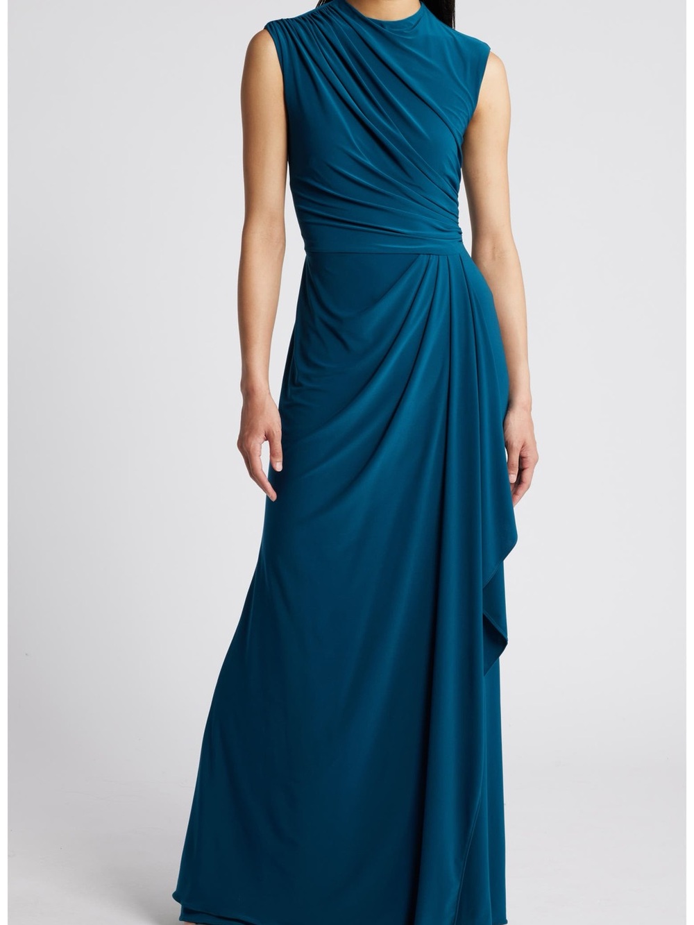 Betsy & Adam Ruched Sleeveless Gown Mallard Blue Size M